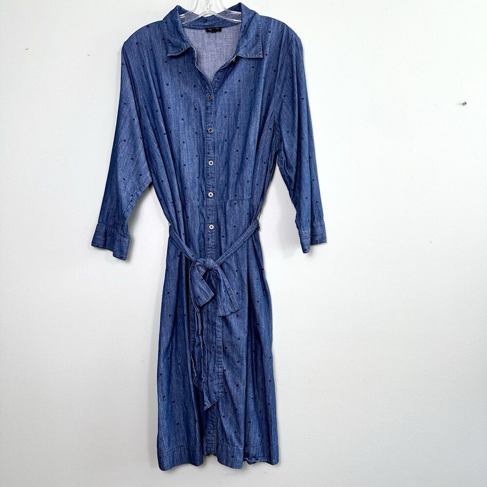 Talbots Chambray Shirt Dress Midi Polka Dot Womens 16W Blue Cotton Button Up